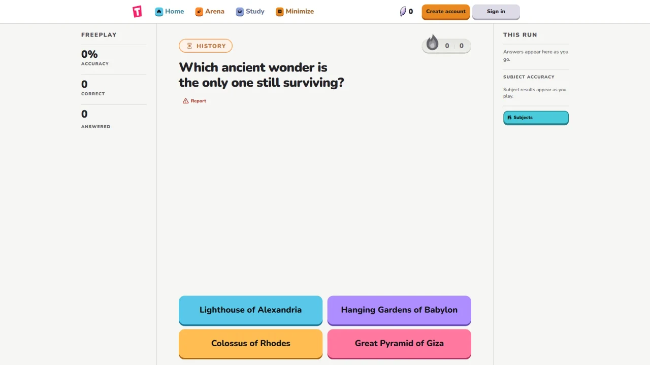 Tidbit Freeplay on a computer: a history question with four answers, and a Subjects button in the right sidebar.
