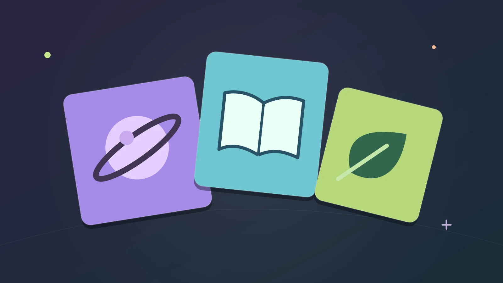 Editorial illustration of a planet, an open book and a leaf on colorful subject tiles.