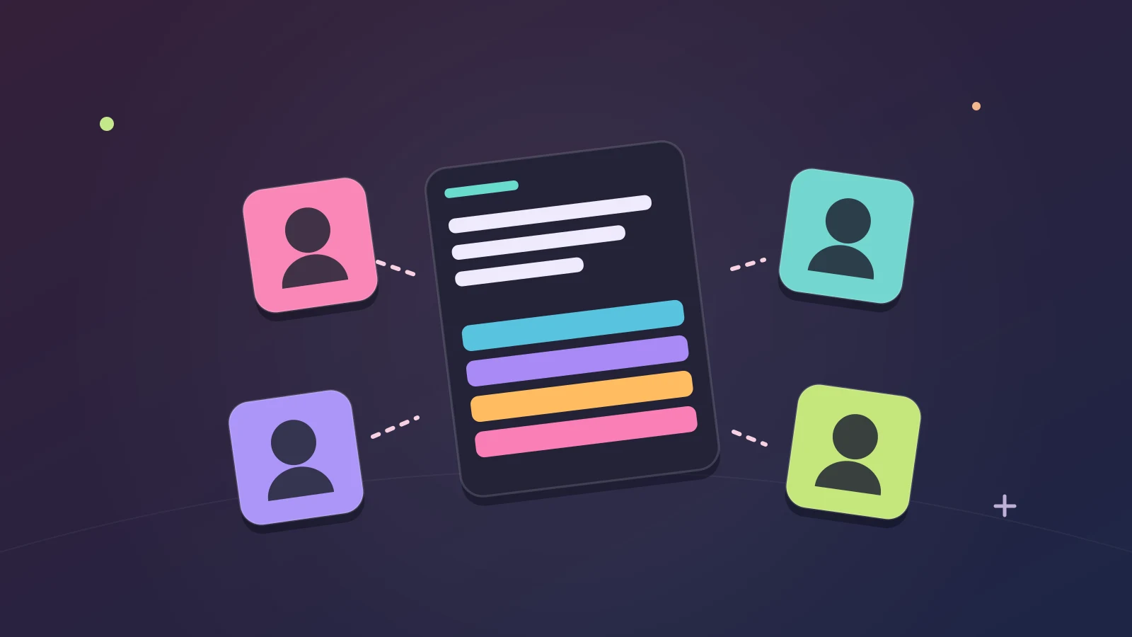 Editorial illustration of colorful player tiles gathered around one shared trivia game.