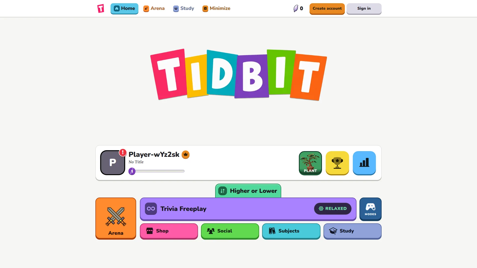 Home and the ways to play in Tidbit Trivia